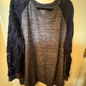 torrid Gray Heather Knit Long Sleeve Top with Navy Lace Sleeves